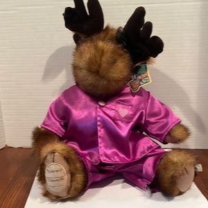 Boyd’s moose in purple pajama with Boyd’s super duper bear factory tag attached